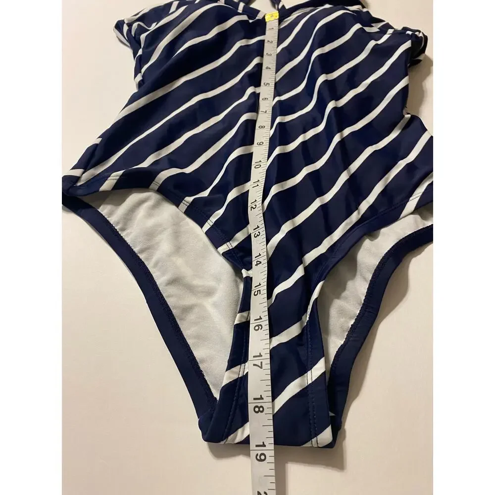 Kona Sol Women’s Dark Navy Blue/White Striped One-Piece Swimsuit Size Medium